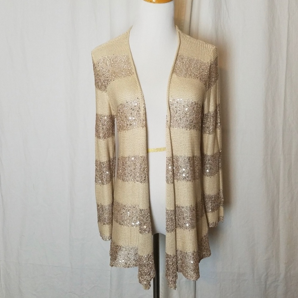 BELLDINI Beautiful Open front gold/beige sequin cardigan, Small